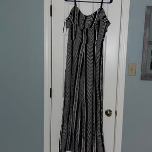 Black and white jumpsuit with spaghetti straps.